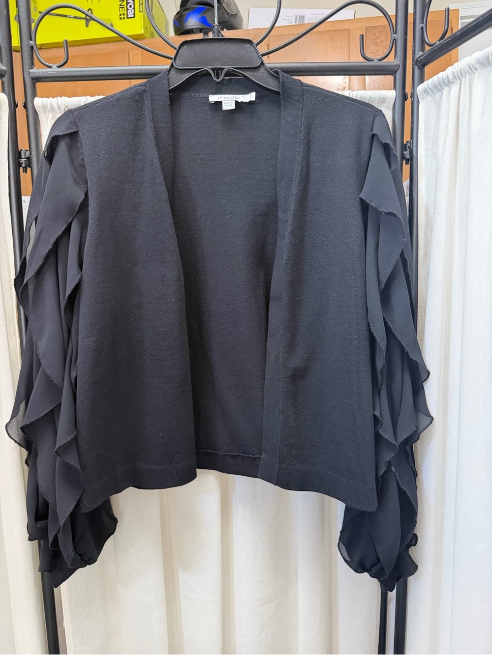 Chico's Black Open Cardigan with Ruffled Chiffon Sleeves
